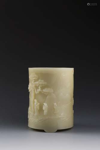 AN EXQUISITE CHINESE PALE JADE BRUSH POT