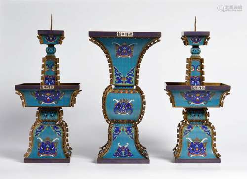 A PAIR OF CHINESE CLOISONNÉ CANDLESTICKS AND GU VASE