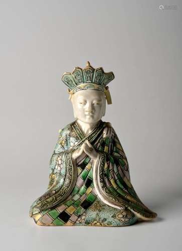 A CHINESE FAMILLE VERTE BISCUIT GUANYIN FIGURE