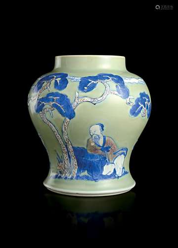 AN UNDERGLAZE BLUE, COPPER-RED AND CELADON GLAZED JAR