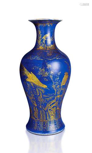 A GILT-DECORATED POWDER BLUE GROUND BALUSTER VASE