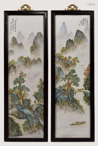 A PAIR OF ENAMELED RECTANGULAR 'LANDSCAPE' PLAQUES