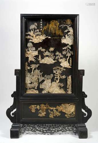 A LACQUERED-WOOD AND BONE-INLAID SCREEN