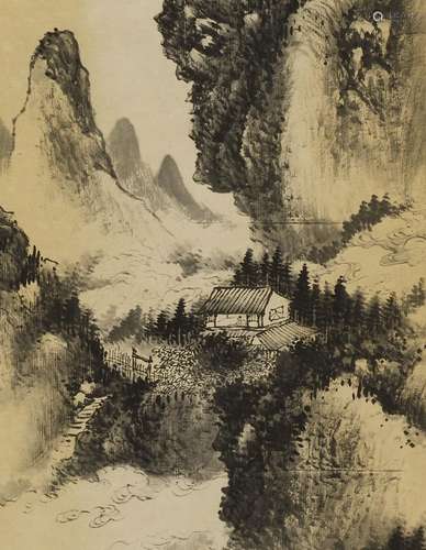 HU PEIHENG (1892-1962): LANDSCAPE WITH ROCKY OVERHANG