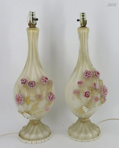 Pair of Speckeled Murano Glass Lamps with Floral