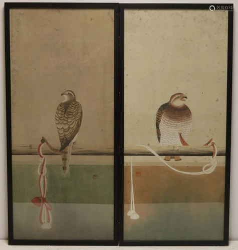 Pair of Signed Asian Paintings of Hawks.