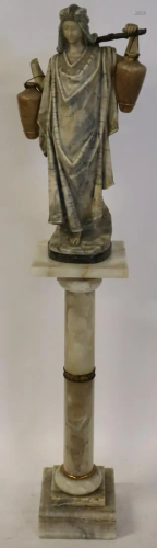 Antique Alabaster Pedestal Together With A Figure.