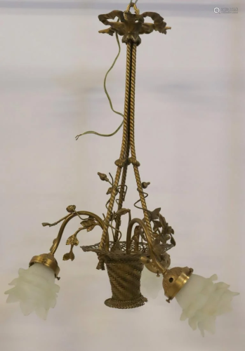 Antique Gilt Metal Flower Basket Form Chandelier.