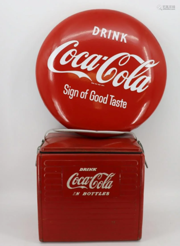 Coca Cola Button & Cooler & Plastic Salesman