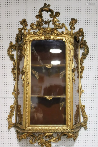 Antique Rococo Carved Giltwood Wall Vitrine.