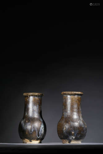 宋-吉州窯 藍窯變褐釉膽瓶一對