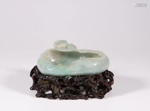 A JADEITE CARVED BRUSH WASHER WITH ROSEWOOD STAND
