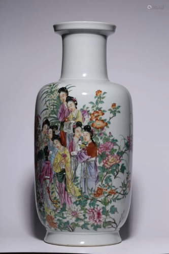 A FAMILLE ROSE 'LADIES AND FLOWER' ROULEAU VASE