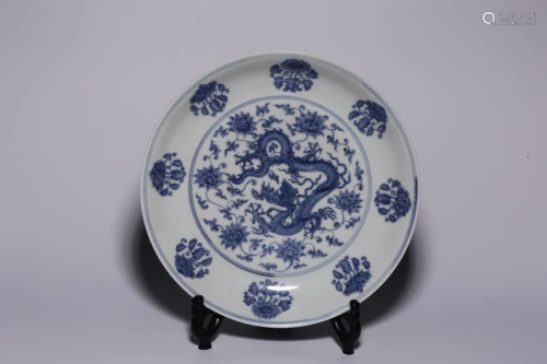 A BLUE AND WHITE 'DRAGON' PORCELAIN DISH