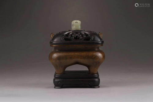 A BRONZE CENSER WITH WOODEN COVER AND STAND
