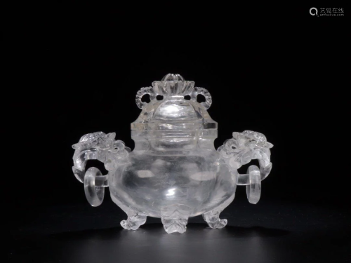 A CRYSTAL CARVED INCENSE BURNER WITH RINGS