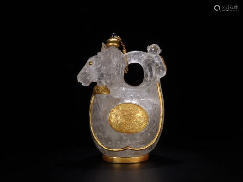 A GOLD INLAID CRYSTAL CAVED HORSE BOTTLE