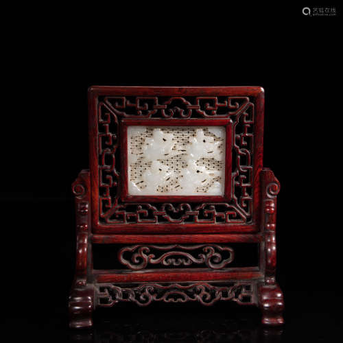 CHINESE QING DYNASTY ROSEWOOD INLAID HETIAN JADE SCREEN