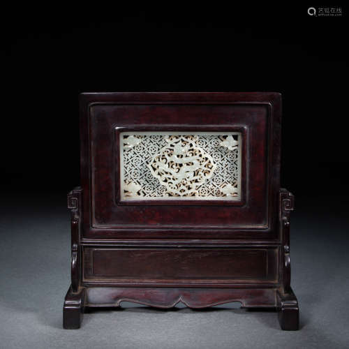 CHINESE QING DYNASTY ROSEWOOD INLAID HETIAN JADE SCREEN