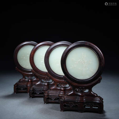 A SET OF CHINESE QING DYNASTY MAHOGANY INLAID HETIAN JADE SC...