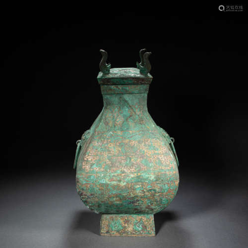 CHINESE BRONZE AND SILVER SQUARE VASE, HAN DYNASTY