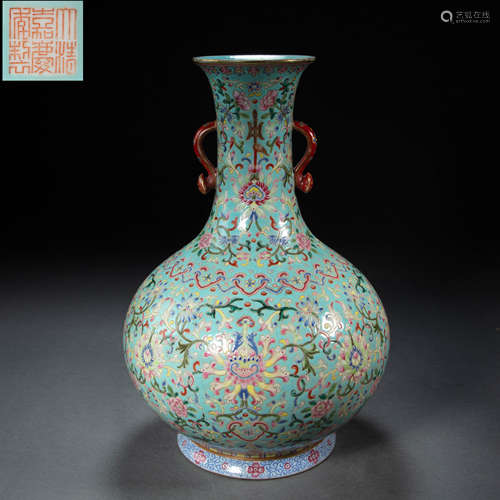 PORCELAIN FAMILLE ROSE DOUBLE-EARED VASE , QING DYNASTY, CHI...