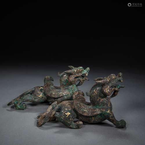 A PAIR OF BEASTS INLAID WITH GOLD AND SILVER,  HAN DYNASTY, ...