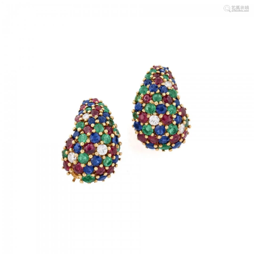 pair of diamond and gem-set ear clips, lunati