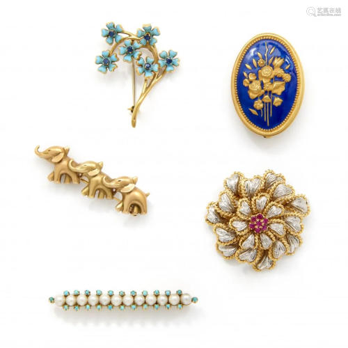 lot of five gold, enamel and gem-set brooches