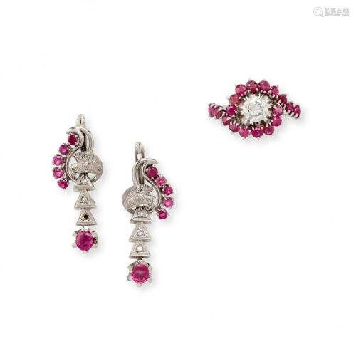 ruby and diamond ring and pair of pendent earrings