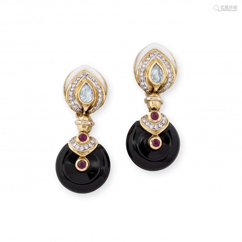 pair of diamond and gem-set pendent earrings, legnazzi