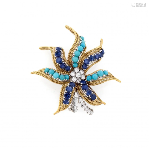 diamond, turquoise and blue sapphire brooch