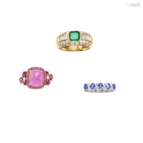 three gold and gem-set rings