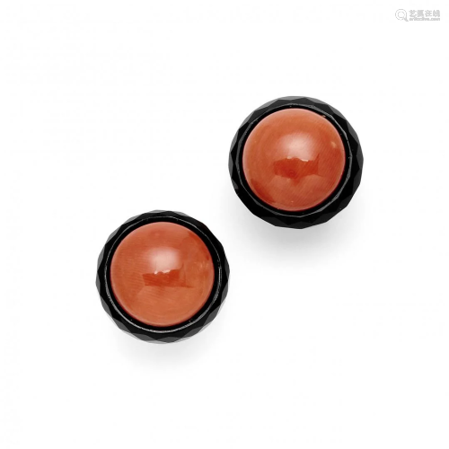 pair of coral and onyx ear clips