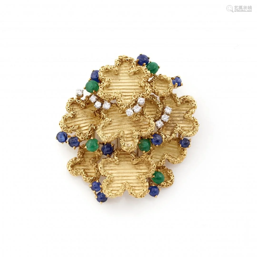 diamond, emerald and blue sapphire brooch