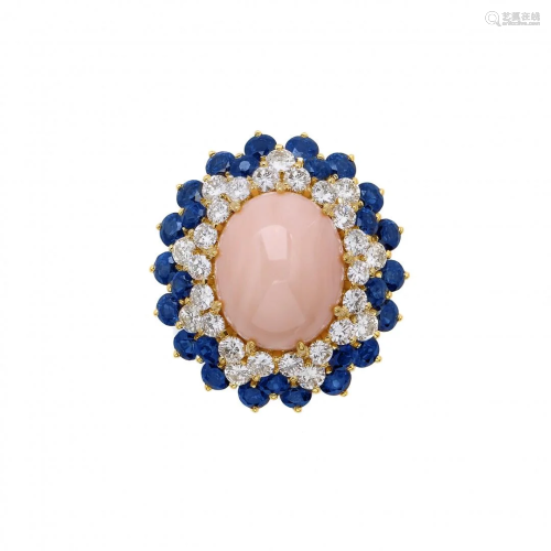 pink coral, blue sapphire and diamond ring