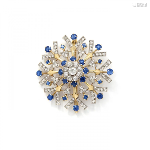 diamond and blue sapphire brooch