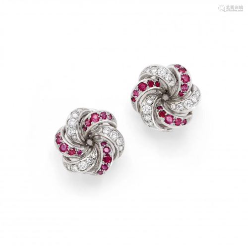 pair of diamond and ruby ear clips
