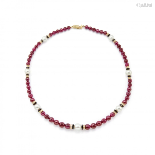 ruby, cultured pearl, onyx and diamond necklace, Van
