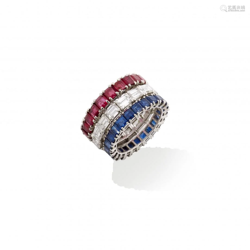 three diamond, blue sapphire and ruby eternity rings