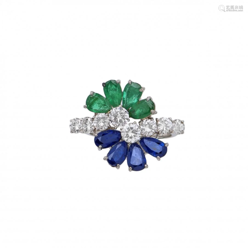 diamond, emerald and blue sapphire ring, lunati