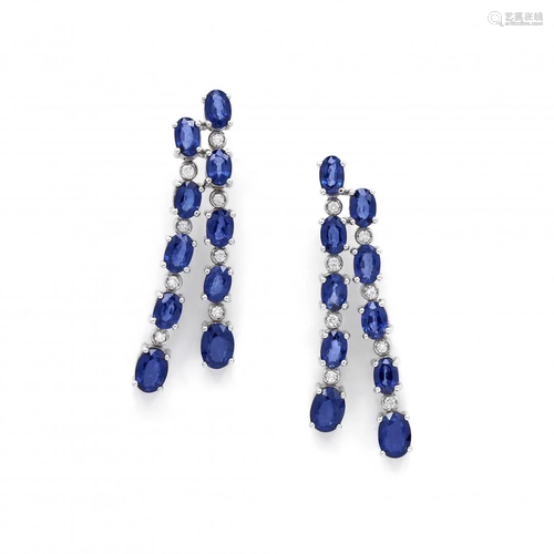 pair of blue sapphire and diamond pendent earrings