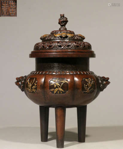 SHIGUZHIBAO MARK GILT BRONZE CENSER