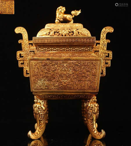 QIANLONGNIANZHI MARK GILT BRONZE CENSER