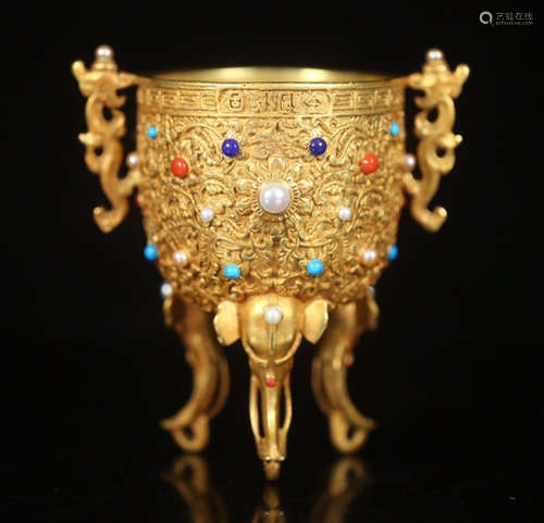 GILT BRONZE CUP EMBEDDED WITH GEM