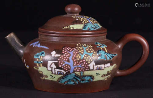 ZISHA TEA POT PAINTED WITH LANDSCAPE