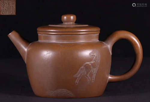 ZISHA TEA POT CARVED WITH HORSE