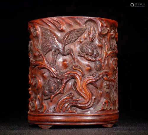 BAMBOO BRUSH POT CARVED WITH CRANE&PINE