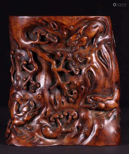 BAMBOO BRUSH POT CARVED WITH BEAST