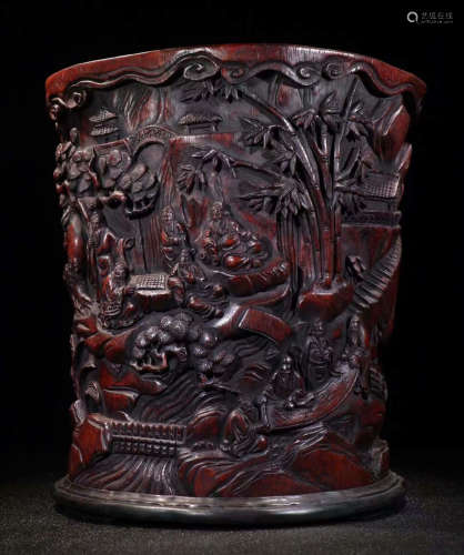 CHENXIANG WOOD BRUSH POT CARVED WITH STORY